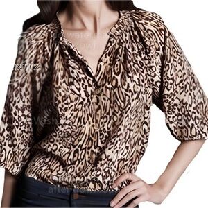Tucker 100% silk oversized neck tie blouse in leopard animal print